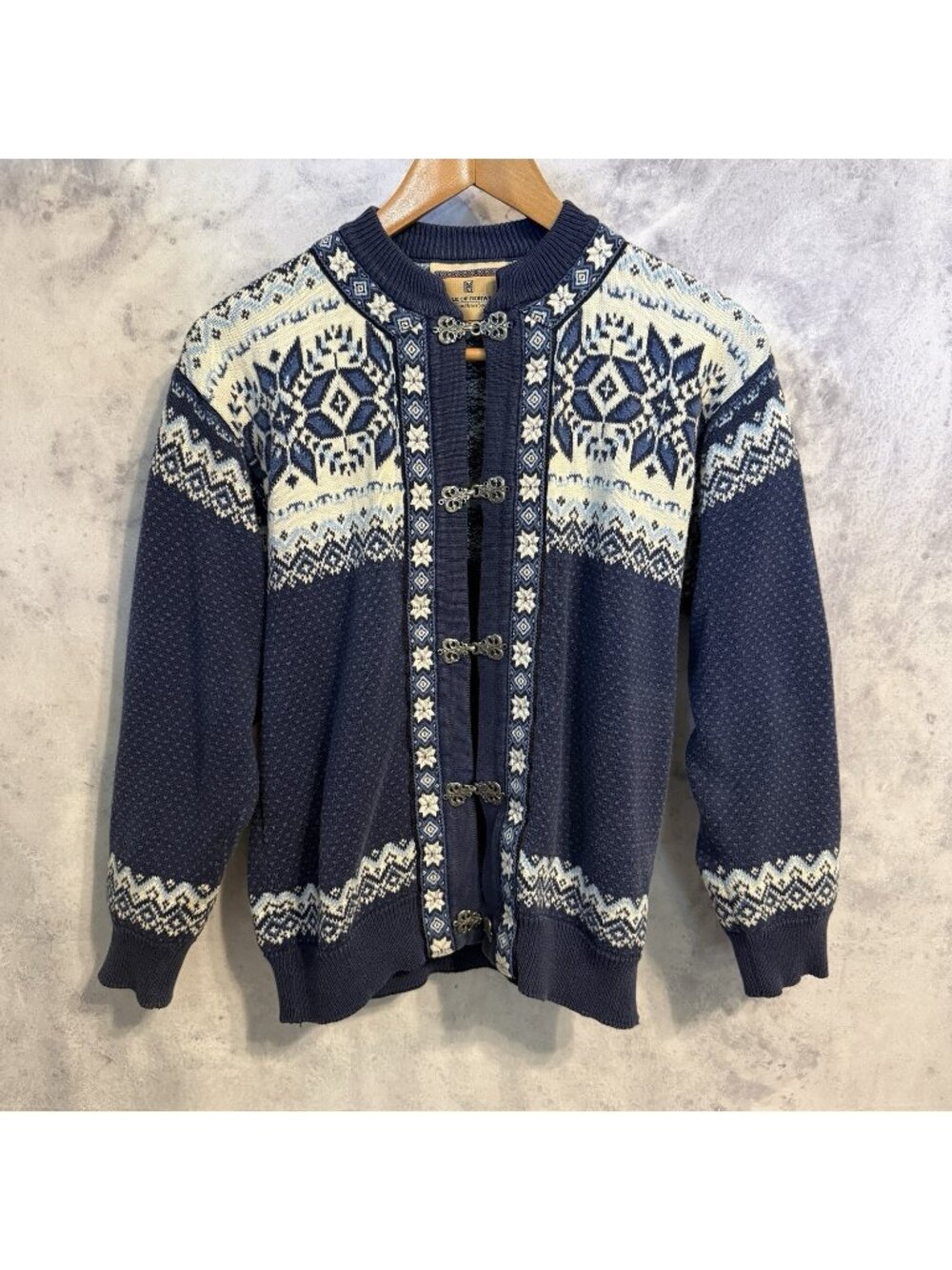 Vintage Dale of Norway Nordic Sweater Womens Small Blue Cotton Knit Silver Latch